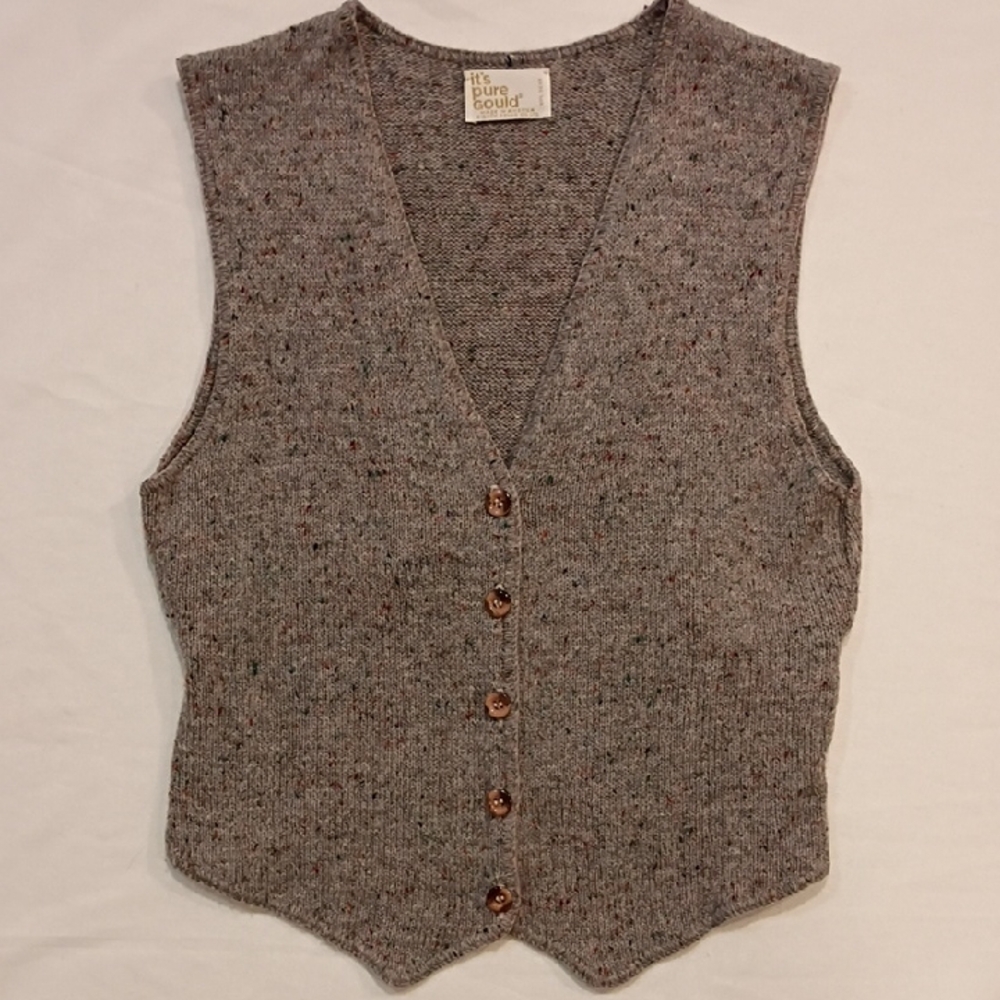 Vintage 70s Wool Sweater Vest Speckled Gray Waistcoat Buckle  Detail Made In USA